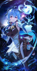 Rule 34 | 1girl, absurdres, ahoge, artist name, bare shoulders, bell, black pantyhose, blue flower, blue hair, breasts, chinese knot, detached sleeves, feet out of frame, flower, flower knot, ganyu (genshin impact), genshin impact, glaze lily, gold trim, hand on own chest, high heels, highres, horns, leg up, long hair, looking at another, magic, medium breasts, neck bell, night, orb, pantyhose, purple eyes, qilin (mythology), sidelocks, siole, solo, standing, standing on one leg, tassel, thighlet, vision (genshin impact), waist cape, white sleeves, wind