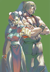 Rule 34 | 1boy, 1girl, aiming, aiming at viewer, arm at side, black hair, blonde hair, bracelet, breasts, brown hair, bun cover, capcom, china dress, chinese clothes, chun-li, clenched hand, closed mouth, double bun, dougi, dress, earrings, facial hair, fingerless gloves, frills, gloves, green background, hair bun, hair ribbon, jewelry, ken masters, large breasts, looking at viewer, muscular, outstretched arm, pants, pantyhose, parted bangs, pelvic curtain, puffy short sleeves, puffy sleeves, ribbon, ryota-h, sash, short sleeves, side slit, simple background, smile, spiked bracelet, spikes, standing, street fighter