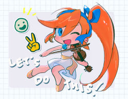 Rule 34 | 1girl, ;d, ace attorney, athena cykes, blue bow, bow, catuoon, chibi, crescent, crescent earrings, dress, earrings, english text, full body, grid background, hair between eyes, hair bow, holding, holding instrument, holding violin, instrument, jewelry, long hair, looking at viewer, one eye closed, open mouth, side ponytail, single earring, sleeveless, sleeveless dress, smile, solo, v, very long hair, violin, white dress