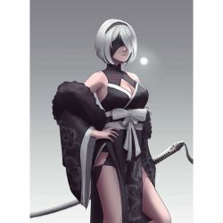 Rule 34 | 1girl, black blindfold, blindfold, breasts, cleavage, dress, gloves, hairband, japanese clothes, kimono, large breasts, leotard, medium breasts, mole, mole under mouth, nier (series), nier:automata, notgustiarp, short hair, simple background, solo, thighhighs, white hair, 2b (nier:automata)