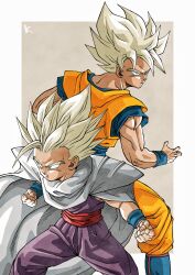 Rule 34 | 2boys, back-to-back, blonde hair, cape, clenched hands, dougi, dragon ball, father and son, green eyes, highres, jumpsuit, kakeru (dbskakeru), multiple boys, muscular, muscular male, orange jumpsuit, outside border, purple jumpsuit, simple background, sleeveless, son gohan, son goku, spiked hair, toriyama akira (style), white cape