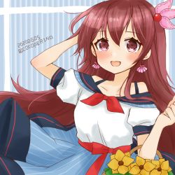 Rule 34 | 1girl, alternate costume, basket, black sailor collar, blue skirt, brown eyes, brown hair, cocoperino, cowboy shot, dated, earrings, flower, hair ornament, jewelry, kantai collection, kisaragi (kancolle), long hair, looking at viewer, sailor collar, sailor shirt, shell, shell earrings, shirt, skirt, solo, striped background, striped clothes, striped shirt, twitter username