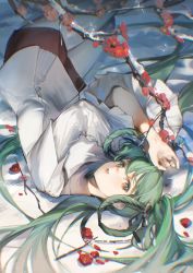 Rule 34 | 1girl, black skirt, branch, commentary, flower, from above, green eyes, green hair, hair ribbon, hair rings, hatsune miku, long hair, looking at viewer, lying, miniskirt, on side, pantyhose, parted lips, petals, plum blossoms, red flower, ribbon, rumoon, shirt, skirt, solo, twintails, upside-down, vocaloid, white pantyhose, white shirt, wide sleeves