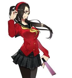 Rule 34 | 1girl, absurdres, amagi yukiko, amagi yukiko (cosplay), brown eyes, brown hair, closed mouth, commission, cosplay, ebinku, fire emblem, fire emblem fates, glasses, hair over one eye, hairband, hand fan, highres, kagero (fire emblem), long hair, long sleeves, nintendo, pantyhose, persona, persona 4, ponytail, red hairband, school uniform, simple background, skirt, solo, white background