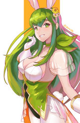 Rule 34 | 1girl, animal ears, breasts, cleavage, fake animal ears, fake tail, female focus, fire emblem, fire emblem: mystery of the emblem, fire emblem heroes, gloves, green eyes, green hair, grin, highres, large breasts, long hair, looking at viewer, matching hair/eyes, nintendo, palla (fire emblem), rabbit ears, rabbit tail, see-through, see-through sleeves, simple background, smile, solo, spiffydc, tail, twitter username, white gloves