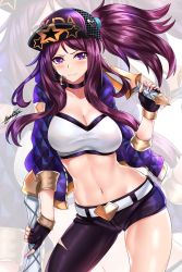 Rule 34 | 1girl, absurdres, akali, asymmetrical clothes, belt, belt buckle, black choker, black gloves, black pants, blouse, blush, breasts, buckle, bustier, choker, cleavage, collarbone, contrapposto, cowboy shot, cropped jacket, dagger, dual wielding, fingerless gloves, gloves, gold trim, hat, headset, highres, holding, hood, hooded jacket, jacket, k/da (league of legends), k/da akali, knife, large breasts, league of legends, long hair, looking at viewer, midriff, navel, nez-box, official alternate costume, open clothes, open jacket, pants, ponytail, purple eyes, purple hair, shiny skin, shirt, single pantsleg, smile, solo, stomach, strapless, thighs, tube top, v-neck, weapon, white shirt, zoom layer