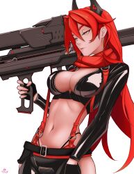 Rule 34 | 1girl, absurdres, anti-materiel rifle, black gloves, black jacket, black pants, breasts, bullpup, cleavage, commentary, cowboy shot, cropped jacket, dated, english commentary, fingerless gloves, gloves, goddess of victory: nikke, groin, gun, hair between eyes, hair intakes, highleg, highleg panties, highres, hip vent, holding, holding rocket launcher, holding weapon, horns, jacket, kono yaro, leather, leather jacket, leather pants, long hair, long sleeves, mechanical horns, medium breasts, midriff, navel, panties, pants, parted lips, red hair, red hood (nikke), red scarf, rifle, rocket launcher, scarf, sidelocks, signature, simple background, sniper rifle, solo, standing, underwear, unzipped, weapon, white background, yellow eyes