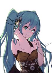 Rule 34 | 1girl, aqua hair, green eyes, hatsune miku, highres, light smile, long hair, simple background, solo, twintails, upper body, very long hair, vocaloid, white background, zhayin-san