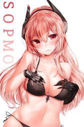 Rule 34 | 1girl, bikini, black bikini, blush, breasts, character name, closed mouth, collarbone, commentary, girls&#039; frontline, gloves, groin, hair between eyes, hands on own breasts, headgear, highres, large breasts, long hair, looking at viewer, m4 sopmod ii (girls&#039; frontline), mechanical arms, multicolored hair, navel, pink hair, red eyes, red hair, side-tie bikini bottom, sidelocks, simple background, single glove, single mechanical arm, smile, solo, stomach, streaked hair, swimsuit, white background, zerocat