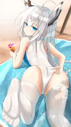 Rule 34 | 1girl, absurdres, adjusting clothes, adjusting swimsuit, animal ears, ass, azur lane, bare shoulders, beach, beach towel, blue eyes, cien (shikanokuni), commission, competition swimsuit, crazy straw, cup, drinking glass, drinking straw, foot focus, foreshortening, from behind, highres, kawakaze (azur lane), long hair, looking at viewer, one-piece swimsuit, pixiv commission, skindentation, solo, swimsuit, thighhighs, towel, white hair, white one-piece swimsuit, white thighhighs