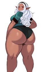Rule 34 | 1girl, absurdres, ass, blush, breasts, curvy, dark elf, dark skin, dark-skinned female, elf, elf-san wa yaserarenai., eric lowery, eyelashes, female focus, green shirt, highres, huge ass, kuroeda-san, large breasts, long hair, looking at viewer, looking back, mole, mole under eye, plump, pointy ears, red eyes, shirt, simple background, skin tight, solo, sportswear, standing, thick thighs, thighs, white background, white hair, wide hips