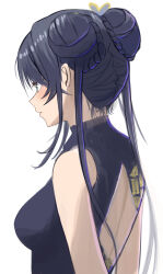 Rule 34 | 1girl, absurdres, backless dress, backless outfit, bare shoulders, black dress, black hair, blue archive, blue eyes, blush, breasts, china dress, chinese clothes, closed mouth, double bun, dress, dubeaduver, from side, hair bun, highres, kisaki (blue archive), long hair, medium breasts, profile, simple background, sleeveless, sleeveless dress, solo, twintails, upper body, white background