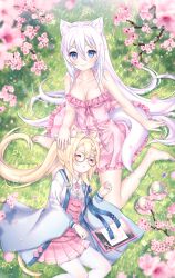 Rule 34 | 2girls, :o, animal ear fluff, artist name, bare arms, bare shoulders, barefoot, bell, blonde hair, blush, braid, branch, breasts, cherry blossoms, cleavage, closed eyes, closed mouth, collared shirt, commentary request, cup, day, drawing tablet, dress, flower, frilled dress, frills, glasses, grass, hair between eyes, high-waist skirt, highres, jingle bell, long hair, long sleeves, lying, medium breasts, multiple girls, nami (nyaa), on grass, on side, open clothes, original, outdoors, pantyhose, parted lips, petals, pink-framed eyewear, pink dress, pink flower, pink skirt, pleated skirt, polka dot, polka dot dress, round eyewear, saucer, shirt, silver hair, skirt, sleeping, sleeveless, sleeveless dress, smile, stylus, tea, teacup, very long hair, white legwear, white shirt, wide sleeves