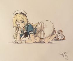 Rule 34 | 1girl, all fours, beret, blonde hair, blue eyes, chakoru, dated, dress, frilled legwear, hat, highres, jervis (kancolle), kantai collection, long hair, traditional media, very long hair, white legwear