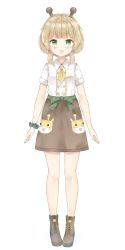 Rule 34 | 1girl, :d, apron, blush, boots, bow, breasts, brown apron, brown footwear, brown hair, collared shirt, commentary request, copyright request, full body, giraffe horns, green bow, green eyes, grey scrunchie, highres, horns, iriam, looking at viewer, necktie, open mouth, pigeon-toed, round teeth, saeki sora, scrunchie, shirt, short necktie, short sleeves, simple background, small breasts, smile, solo, standing, teeth, upper teeth only, virtual youtuber, white background, white shirt, wrist scrunchie, yellow necktie