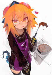 1girl absurdres apron blonde_hair cooking food hair_between_eyes heart highres holding kaamin_(mariarose753) lizard_tail long_sleeves looking_at_viewer orange_eyes original reptile_girl simple_background solo tail thighhighs tokage_(kaamin) tongue tongue_out white_background