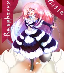 Rule 34 | 1girl, absurdly long hair, bare shoulders, blush, breasts, cleavage, denka plus, detached sleeves, dress, female focus, head tilt, highres, large breasts, long hair, looking at viewer, midriff, open mouth, original, pantyhose, pink hair, purple eyes, raspberry trifle, smile, solo, very long hair