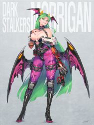 Rule 34 | 1girl, absurdres, adapted costume, ammunition belt, bandolier, boots, breasts, character name, cleavage, collarbone, copyright name, demon girl, demon horns, fang, green eyes, green hair, gun, hand on own chest, handgun, head wings, hichi, highres, holding, holding gun, holding weapon, horns, knee boots, knee pads, large breasts, long hair, long legs, looking down, mechanical wings, morrigan aensland, pantyhose, parted bangs, pistol, revision, solo, standing, vampire (game), very long hair, weapon, wings
