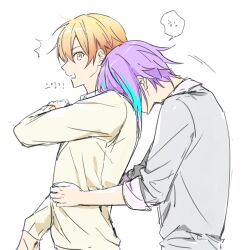 Rule 34 | !?, 2boys, blonde hair, blue hair, commentary, gradient hair, hand up, head on another&#039;s shoulder, hk (wgyz7222), kamishiro rui, kamiyama high school uniform (project sekai), long sleeves, male focus, multicolored hair, multiple boys, open mouth, orange hair, project sekai, purple hair, school uniform, short hair, sideways glance, simple background, sleeves rolled up, streaked hair, tenma tsukasa, two-tone hair, upper body, white background, yaoi, yellow eyes