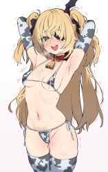 Rule 34 | 1girl, animal collar, animal print, armpits, arms up, belt collar, bikini, blonde hair, blush, breasts, collar, cow print, cowbell, dorontabi, eyepatch, female focus, fischl (genshin impact), genshin impact, heavy breathing, highres, lactation, long hair, looking at viewer, micro bikini, midriff, navel, neck bell, ribs, simple background, small breasts, smile, solo, standing, steam, sweat, swimsuit, tears, trembling, twintails, upper body