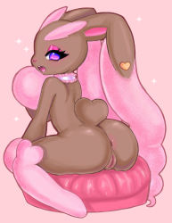 Rule 34 | 1girl, alternate color, animal nose, anus, arched back, ass, back, berry (berrycreme), blush, body fur, brown fur, choker, creatures (company), cushion, eyeshadow, female focus, frilled choker, frills, from behind, full body, furry, furry female, game freak, gen 4 pokemon, half-closed eyes, hand up, heart, heart in eye, highres, light blush, looking at viewer, looking back, lopunny, makeup, nintendo, open mouth, outline, pink background, pink choker, pink eyeshadow, pink fur, pokemon, pokemon (creature), purple eyes, pussy, rabbit ears, rabbit girl, rabbit tail, shiny pokemon, simple background, sitting, solo, sparkle, symbol in eye, teeth, two-tone fur, uncensored