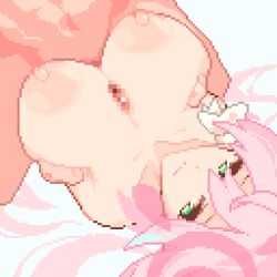 Rule 34 | 1boy, 1girl, animated, animated gif, blue archive, breasts, breasts squeezed together, censored, green eyes, hanako (blue archive), hetero, large breasts, long hair, momiahair, mosaic censoring, nipples, nude, paizuri, penis, pink hair, pixel art, solo focus, straddling, straddling paizuri