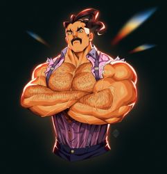 Rule 34 | 1boy, arm hair, artist logo, artist name, bara, bare pectorals, biceps, black hair, brown eyes, chest hair, collared shirt, creatures (company), crossed arms, facial hair, feet out of frame, game freak, hairy, large pectorals, light, light rays, looking at viewer, male focus, manly, mature male, muscular, muscular male, mustache, nintendo, open clothes, open shirt, pants, partially unbuttoned, pectorals, pokemon, pokemon sv, saguaro (pokemon), shirt, short hair, simple background, solo, thick arms, thick eyebrows, tight clothes, torn clothes, veins, veiny arms, xelgot