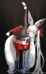 Rule 34 | 1girl, absurdly long hair, alcohol, animal ears, artist name, asanagi (azur lane), azur lane, black background, black gloves, black leotard, black thighhighs, bow, breasts, cleavage cutout, closed mouth, clothing cutout, cup, detached sleeves, drinking glass, elbow gloves, expressionless, feet, fingerless gloves, fox ears, fox girl, fox tail, gloves, hair bow, highres, hugging own legs, in container, in cup, leg up, leotard, long hair, looking at viewer, no shoes, red bow, simple background, small breasts, soles, solo, sonaworld, stirrup legwear, tail, thick eyebrows, thighhighs, toeless legwear, toes, twintails, very long hair, wide sleeves, wine, wine glass, yellow eyes