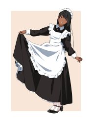 Rule 34 | 1girl, apron, black hair, commentary request, dark-skinned female, dark skin, dress, full body, high heels, lifting own clothes, long hair, long sleeves, looking away, maid, maid apron, maid headdress, mary janes, original, pantyhose, shoes, simple background, skirt hold, smile, solo, standing, suzushiro (suzushiro333), white pantyhose