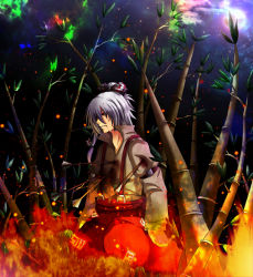 Rule 34 | 1girl, arm belt, arrow (projectile), azumi-kun, bamboo, bamboo forest, blood, blood from mouth, blood on clothes, cloud, embers, facing away, fire, forest, fujiwara no mokou, full moon, hair ribbon, impaled, long sleeves, moon, nature, night, ofuda, outdoors, pants, parted lips, ponytail, ribbon, short hair, solo, suspenders, touhou, white hair