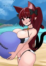 Rule 34 | 1girl, absurdres, alternate hairstyle, animal ears, ball, beach, bell, bikini, blunt bangs, bow, breasts, canonball (dungigi12), cat ears, cowboy shot, fang, hair bow, high ponytail, highres, holding, holding ball, kaenbyou rin, large breasts, looking at viewer, multiple tails, neck bell, ocean, outdoors, pointy ears, red eyes, red hair, skin fang, smile, solo, swimsuit, tail, thick thighs, thighs, touhou, two tails, ufo
