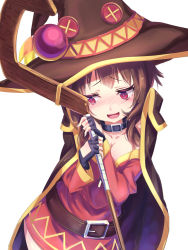 Rule 34 | 10s, 1girl, belt, blush, breasts, brown hair, cape, cleavage, collar, dress, embarrassed, fingerless gloves, gloves, hat, holding, holding staff, kono subarashii sekai ni shukufuku wo!, long sleeves, looking away, loup, megumin, open mouth, red eyes, short dress, short hair, small breasts, solo, staff, white background, witch hat