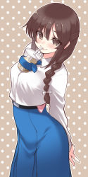 Rule 34 | 1girl, alphy, belt, belt buckle, bendy straw, black belt, blue necktie, blue skirt, blush, bow, braid, breasts, brown background, brown eyes, brown hair, bubble tea, bubble tea challenge, buckle, closed mouth, collared shirt, commentary request, cup, disposable cup, dress shirt, drinking, drinking straw, hair between eyes, hair bow, highres, long hair, long skirt, long sleeves, necktie, original, pleated skirt, polka dot, polka dot background, school uniform, shirt, side braid, single braid, skirt, sleeves past wrists, small breasts, smile, solo, v, white bow, white shirt