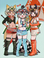 Rule 34 | 3girls, alternate costume, animal ears, appleq, arm at side, bare arms, bare shoulders, blonde hair, boots, bottle, brown eyes, brown hair, checkered flag, collarbone, commentary request, coyote (kemono friends), wolf ears, wolf tail, crop top, cropped jacket, earrings, elbow gloves, extra ears, eyewear on head, fingerless gloves, flag, full body, glasses, gloves, greater roadrunner (kemono friends), green eyes, grey hair, grin, hand on own hip, hands up, holding, holding flag, horizontal pupils, horns, jacket, jewelry, kemono friends, kemono friends 2, medium hair, microskirt, midriff, multicolored hair, multiple girls, navel, open clothes, open jacket, open mouth, orange eyes, over shoulder, pendant, pronghorn (kemono friends), race queen, skirt, smile, standing, stomach, tail, tan, thigh boots, thighhighs, umbrella, vest, zettai ryouiki, zipper