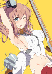 Rule 34 | 10s, 1girl, ;o, arm up, armpits, bare shoulders, blue eyes, blush, border, bottomless, breast pocket, breasts, brown hair, buttons, collar, cowboy shot, flight deck, grey hat, groin, hair between eyes, hat, jacket, kanden sky, kantai collection, long hair, looking at viewer, machinery, medium breasts, navel, no panties, one eye closed, one side up, open mouth, outside border, pocket, red thighhighs, saratoga (kancolle), scan, shiny skin, sideboob, simple background, sleeveless, solo, stomach, thighhighs, torn clothes, torn jacket, white border, white jacket, yellow background