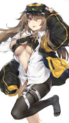 Rule 34 | 1girl, black panties, black pantyhose, bottomless, breasts, brown hair, clothes lift, eyewear on head, feet out of frame, fingerless gloves, girls&#039; frontline, gloves, highres, jacket, large breasts, long hair, open clothes, panties, pantyhose, red eyes, scar, scar across eye, scar on face, shirt, shirt lift, simple background, solo, standing, standing on one leg, surfing orange, tongue, tongue out, ump9 (girls&#039; frontline), ump9 (mod3) (girls&#039; frontline), unbuttoned, unbuttoned shirt, underboob, underwear, white background, white shirt