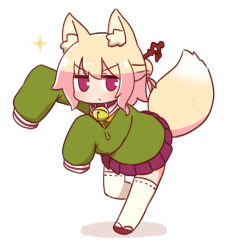 Rule 34 | 1girl, animal ears, bell, brown collar, brown footwear, closed mouth, collar, commentary request, fox ears, fox girl, fox tail, full body, green shirt, hair between eyes, hair bun, hair ornament, highres, jingle bell, kemomimi-chan (naga u), long sleeves, looking at viewer, naga u, neck bell, orange neckwear, original, pleated skirt, purple skirt, red eyes, ribbon-trimmed legwear, ribbon trim, sailor collar, sandals, shadow, shirt, single hair bun, skirt, sleeves past fingers, sleeves past wrists, solo, sparkle, standing, standing on one leg, tail, thighhighs, v-shaped eyebrows, white background, white sailor collar, white thighhighs, zouri