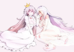 Rule 34 | 2girls, ankle bow, ankle ribbon, bare shoulders, barefoot, bow, breasts, cleavage, collarbone, couple, crossover, crown, dress, earrings, frilled dress, frilled sleeves, frills, girls&#039; frontline, gloves, hand up, holding another&#039;s wrist, jewelry, leg ribbon, long hair, looking at viewer, luigi&#039;s mansion, mario (series), multiple girls, nintendo, pale color, pale skin, pk (girls&#039; frontline), pointy ears, princess, princess king boo, profile, purple eyes, ribbon, see-through, see-through silhouette, silver hair, spread toes, super crown, tilted headwear, toes, very long hair, white dress, white gloves, wide-eyed, yamauchi (conan-comy), yuri