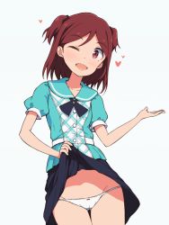 Rule 34 | 1girl, aoba misaki, aqua shirt, argyle, asterisk (asterism), black neckwear, black skirt, bob cut, bow, bow panties, brown eyes, brown hair, cameltoe, clothes lift, commentary, cowboy shot, groin, heart, idolmaster, idolmaster million live!, idolmaster million live! theater days, lifting own clothes, lowleg, lowleg panties, one eye closed, open mouth, outstretched arm, panties, parted bangs, red bow, shirt, simple background, skirt, skirt lift, smile, solo, two side up, underwear, white background, white panties