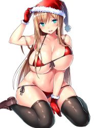 Rule 34 | 1girl, bikini, black thighhighs, blonde hair, blue eyes, blush, breasts, christmas, front-tie top, gloves, hat, highres, holding, holding clothes, holding hat, huge breasts, loafers, long hair, looking at viewer, navel, open mouth, original, red bikini, red gloves, santa hat, shoes, simple background, sitting, smile, solo, swimsuit, thighhighs, tsukumiya amane, wariza, white background
