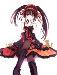 Rule 34 | 10s, 1girl, bai kongque, bare shoulders, black hair, black pantyhose, boots, cat, circle skirt, clock eyes, cross-laced footwear, date a live, hairband, heterochromia, lace-up boots, lolita fashion, lolita hairband, long hair, looking at viewer, pantyhose, red eyes, simple background, sitting, solo, symbol-shaped pupils, tokisaki kurumi, twintails, white background, yellow eyes