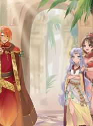 Rule 34 | 1boy, 2girls, :d, bare shoulders, belt, blue eyes, brown eyes, brown hair, cape, commentary request, crossed arms, dress, earrings, fire emblem, fire emblem: mystery of the emblem, fire emblem: thracia 776, fire emblem echoes: shadows of valentia, fire emblem heroes, hair ornament, haru (nakajou-28), jewelry, leotard, linde (fire emblem), linde (khadein) (fire emblem), long hair, luthier (fire emblem), multiple girls, nintendo, open mouth, orange hair, pink leotard, ponytail, purple hair, sara (fire emblem), sara (khadein) (fire emblem), see-through, sleeveless, sleeveless dress, smile, sparkle, star (symbol), very long hair, white dress