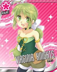 Rule 34 | 1girl, :d, bare shoulders, black choker, black pantyhose, bow, braid, breasts, card (medium), card parody, choker, cinderella girls card parody, commentary request, green eyes, green hair, hair bow, hair ornament, hair ribbon, jewelry, pantyhose under shorts, long hair, looking at viewer, lowres, multi-tied hair, open mouth, pantyhose, ribbon, saga, saga frontier, saga frontier 2, shorts, single braid, small breasts, smile, solo, virginia knights