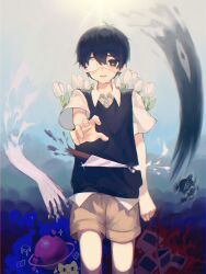 Rule 34 | 1boy, absurdres, big yellow cat (omori), black eyes, black hair, black sweater vest, brown shorts, collared shirt, eyepatch, flower, highres, knife, looking at viewer, makucrp, male focus, omori, open mouth, shirt, short hair, short sleeves, shorts, smile, solo, something (omori), spoilers, sunny (omori), sweater vest, white shirt