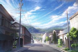 Rule 34 | balcony, blue sky, cloud, cloudy sky, commentary request, day, fence, grass, highres, house, mountain, official art, outdoors, power lines, road, scenery, sky, stairs, town, tree, utility pole, yumiru