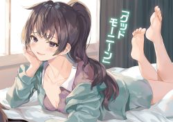 Rule 34 | 1girl, text background, bare legs, barefoot, bed sheet, blue jacket, blue skirt, blush, breasts, brown eyes, brown hair, brown pajamas, cleavage, collarbone, commentary request, feet, feet up, green pajamas, halterneck, head rest, highres, indoors, jacket, legs, legs up, long hair, looking at another, looking at viewer, lying, medium breasts, momoko (momopoco), morning, no bra, off shoulder, on bed, on stomach, open mouth, out of frame, pajamas, ponytail, purple shirt, shadow, shirt, sidelocks, skirt, smile, soles, solo, suou yuki, the pose, toes, tokidoki bosotto roshia-go de dereru tonari no arya-san, translation request