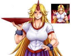 Rule 34 | 1girl, abs, blonde hair, breasts, cup, eyes visible through hair, hand on own hip, horns, hoshiguma yuugi, impossible clothes, large breasts, long hair, muscular, red eyes, sakazuki, single horn, solo, touhou, very long hair, white background, yagami (mukage)