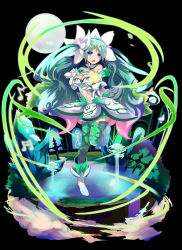 Rule 34 | 10s, 1girl, :o, aqua eyes, armor, armored dress, bare shoulders, breasts, center opening, cleavage, detached collar, detached sleeves, dress, falken (yutozin), floating, floating object, foreshortening, fountain, full moon, glowing, green hair, green thighhighs, hand on own chest, highres, long hair, long sleeves, looking at viewer, merc storia, moon, musical note, navel, open mouth, orb, original, outstretched arm, quaver, solo, standing, standing on one leg, stomach, strapless, strapless dress, thighhighs, tiara, twintails, water, white dress, zettai ryouiki