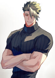 Rule 34 | 1boy, absurdres, achilles (fate), black shirt, brown eyes, crossed arms, eyebrows hidden by hair, fate/apocrypha, fate (series), green hair, haruakira, highres, looking at viewer, male focus, muscular, muscular male, ribbed shirt, shirt, short hair, short sleeves, simple background, solo, undercut, white background, yellow eyes