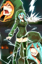 Rule 34 | 1girl, at2., blonde hair, blue hair, breasts, charged creeper, cleavage, creeparka, creeper, cupa (at2.), electricity, evil grin, evil smile, green thighhighs, grin, highres, hood, hoodie, lightning, looking at viewer, minecraft, naked hoodie, open mouth, panties, personification, red eyes, smile, solo, standing, tears, thighhighs, thunder, torn clothes, torn thighhighs, underwear